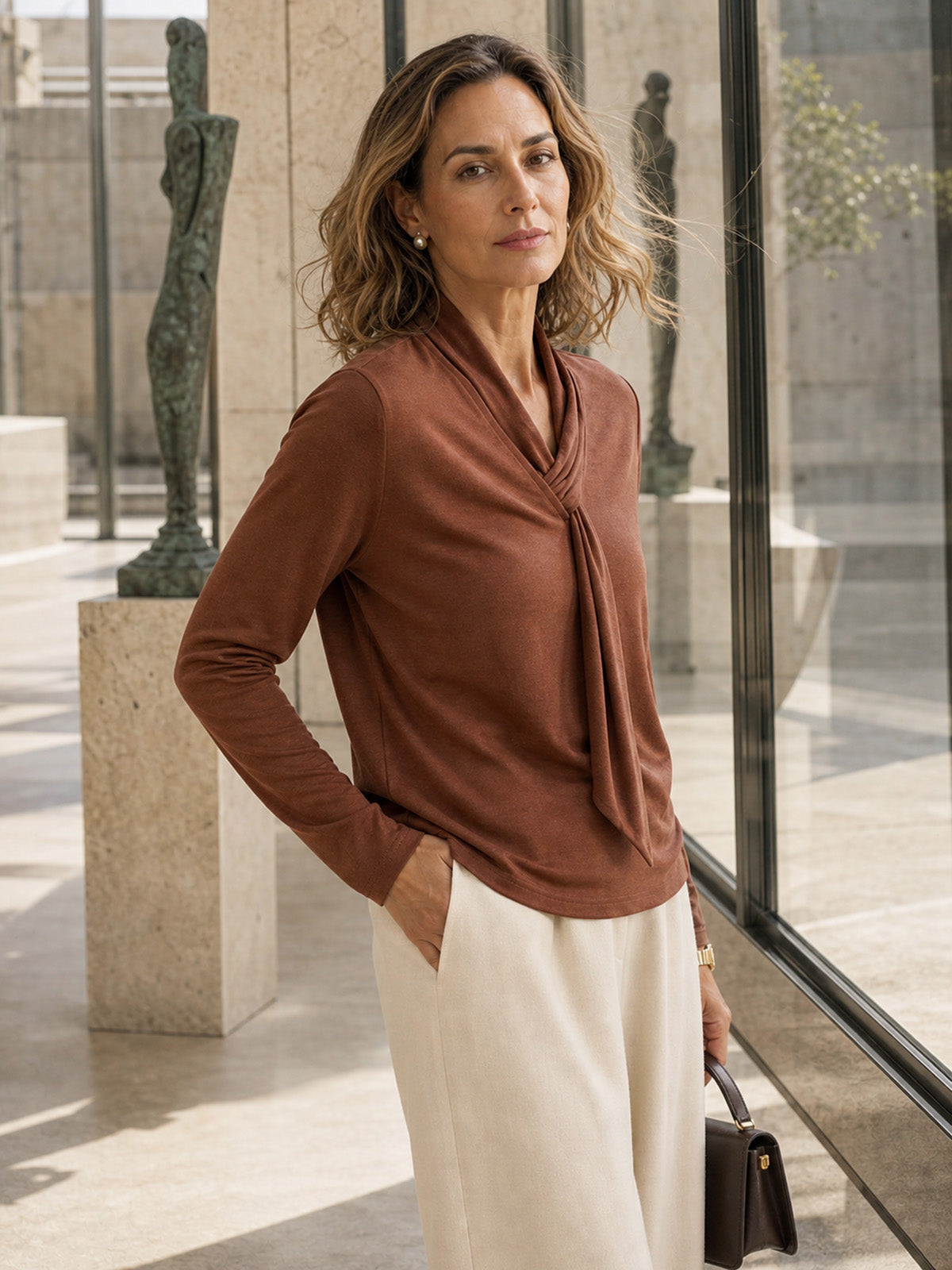 LINTICO Women's Mocha Autumn Wool Scarf Collar Long Sleeve Top ALESSIA