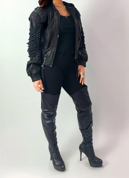 Lace Up Leather Bomber Jacket