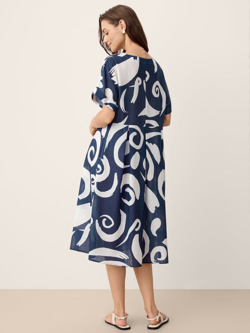 Linen Abstract-Print Pleated-Waist Midi Dress PRIYA