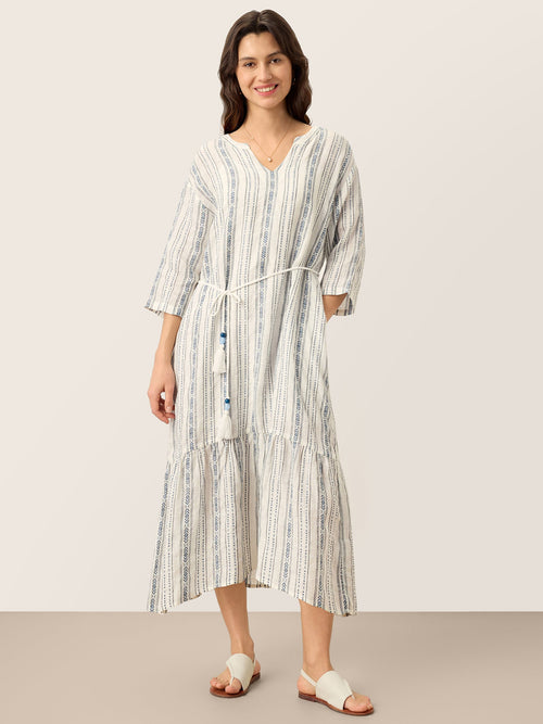 Linen Tribal Stripe Split Neck Bohemian Ruffle Midi Dress with Woven Belt and Slip MARLOWE
