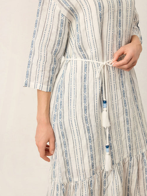 Linen Tribal Stripe Split Neck Bohemian Ruffle Midi Dress with Woven Belt and Slip MARLOWE