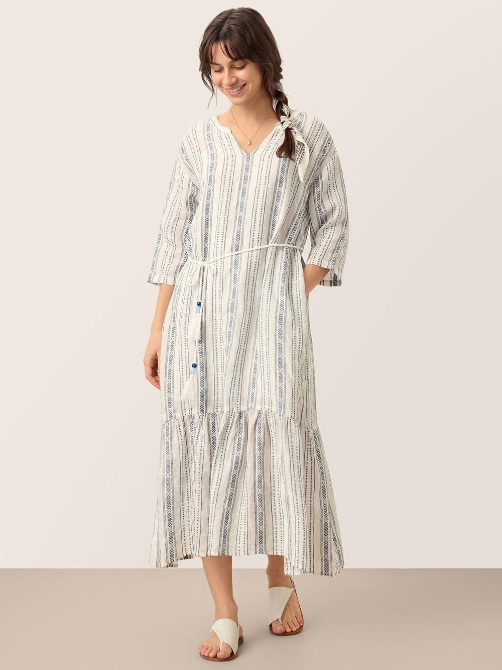 Lintico Women's Linen Tribal Stripe Split Neck Bohemian Ruffle Midi Dress with Woven Belt and Slip MARLOWE