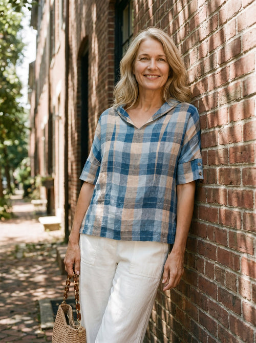 LINTICO Women's 100% Linen V-Neck Short Sleeve Shirt SIERRA