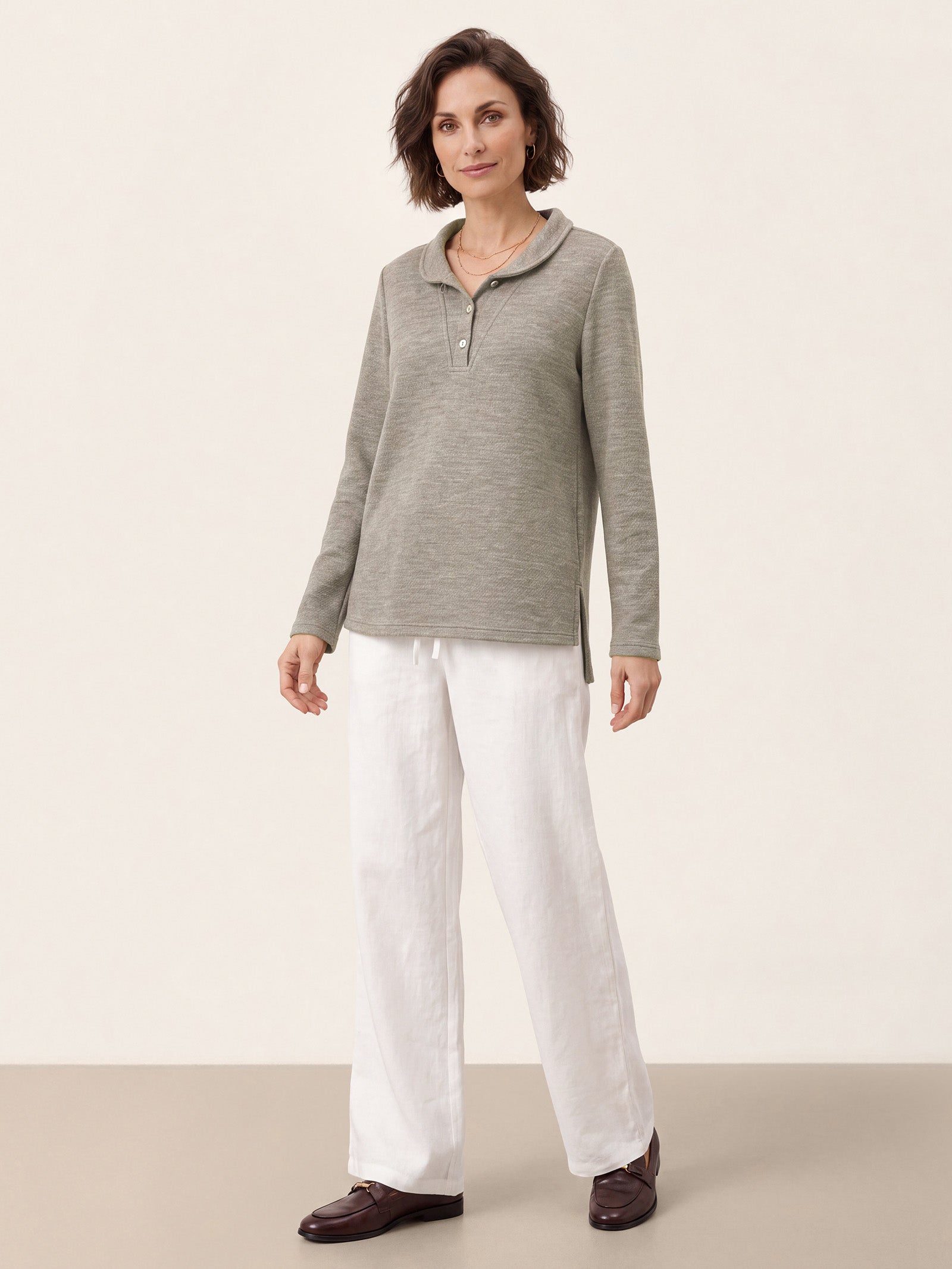 Lyocell Wool Peter Pan Collar Shell Button Knit Top ELIANE