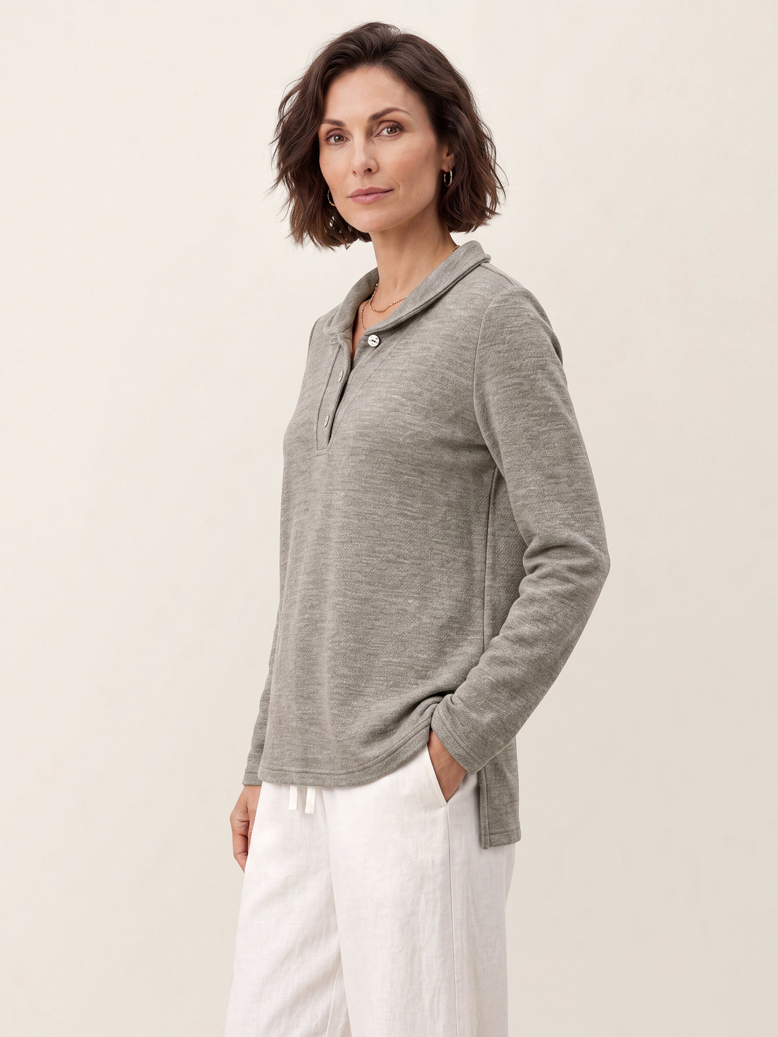Lyocell Wool Peter Pan Collar Shell Button Knit Top ELIANE