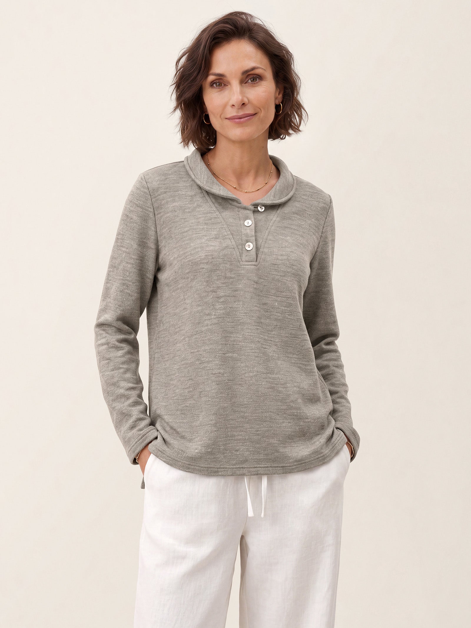 Lyocell Wool Peter Pan Collar Shell Button Knit Top ELIANE