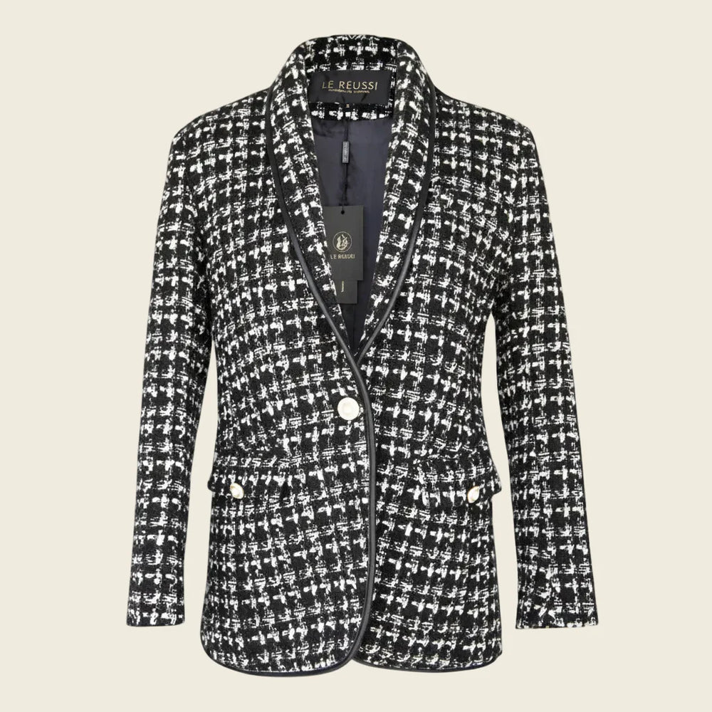 Black & White Tweed Checkers Blazer – Women’s Chic Tailored Jacket