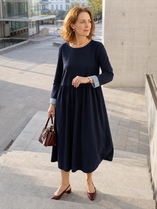 Organic Cotton Patchwork Cuff Crew Neck Casual Midi Dress SCARLETT