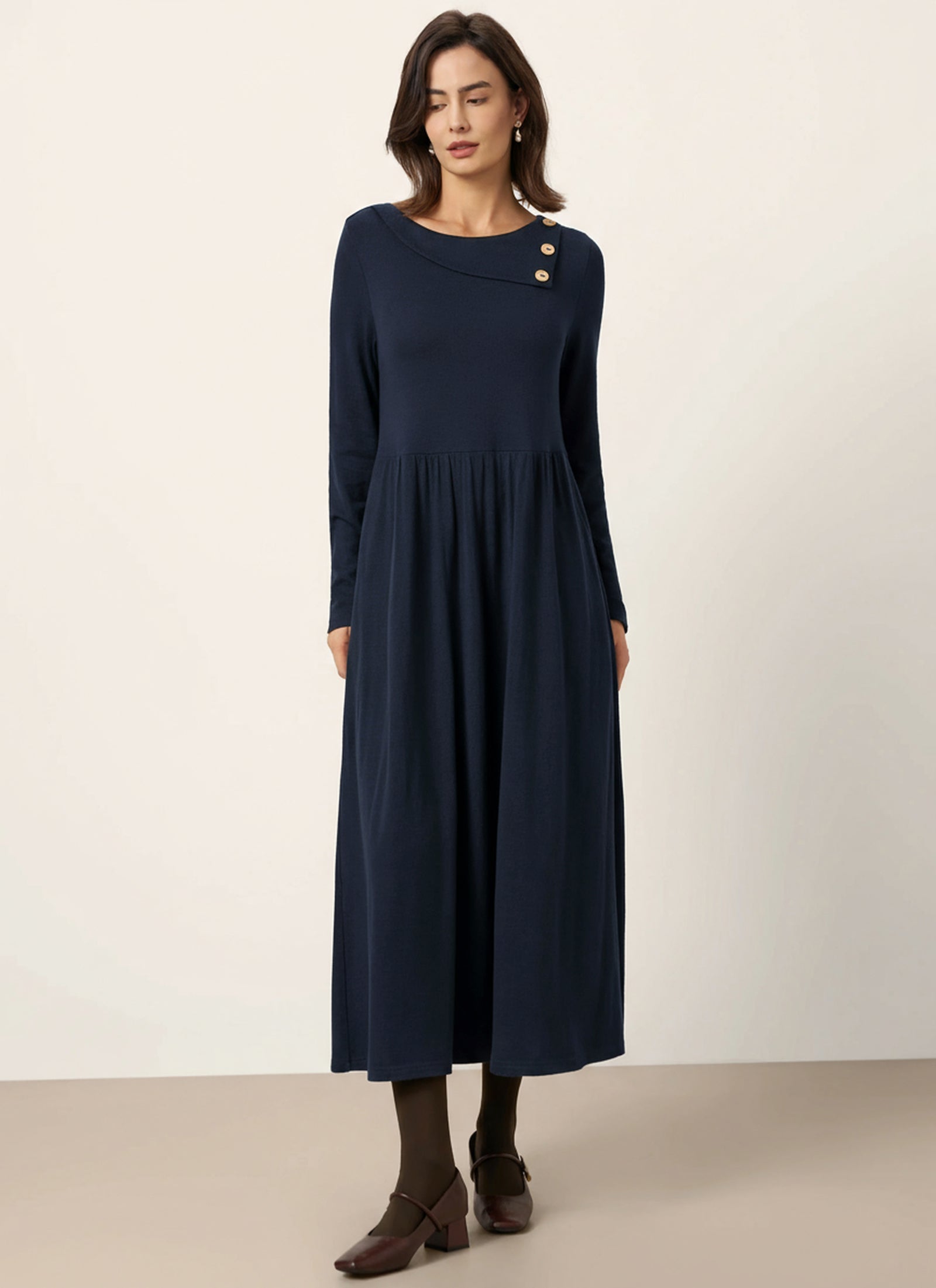 Wool Layered Neck Pleated Midi Dress BILLIE