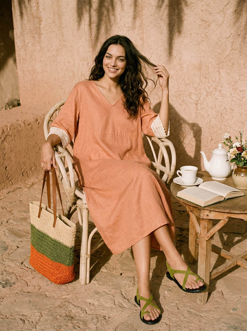 100% Linen Lace-Cuff Cocoon Midi Dress PETRA