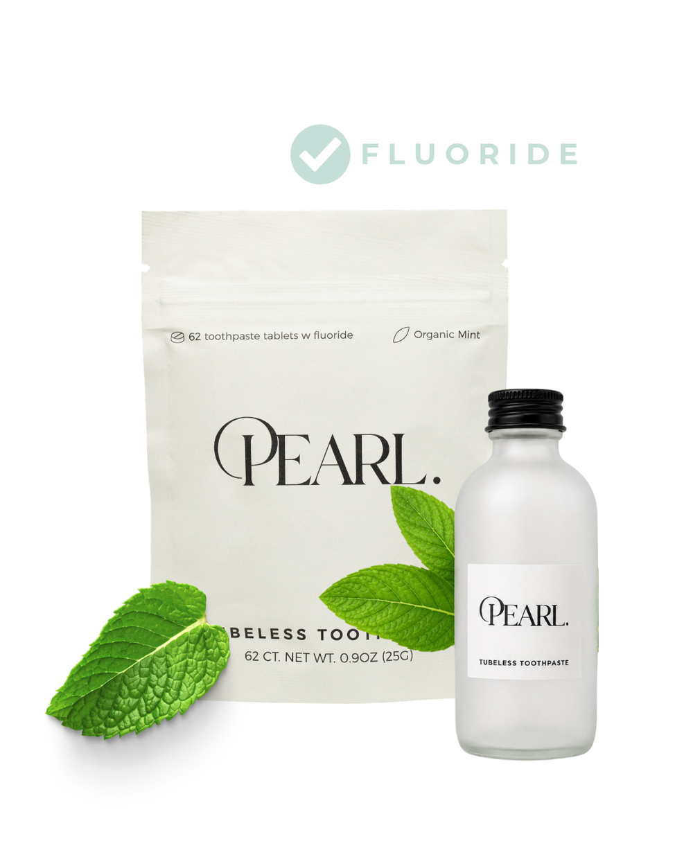 Starter Kit: The Pearl Jar - White Sea Glass & Fluoride Mint Toothpaste Tablets | 62 Tablets | Refill Pouch