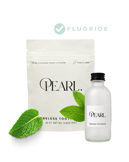 Starter Kit: The Pearl Jar - White Sea Glass & Fluoride Mint Toothpaste Tablets | 62 Tablets | Refill Pouch