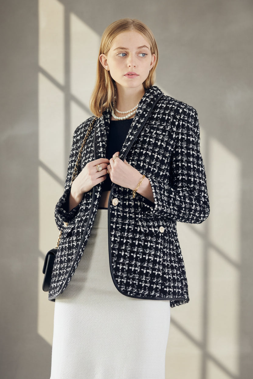 Black & White Tweed Checkers Blazer – Women’s Chic Tailored Jacket