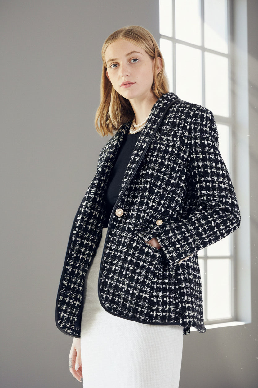 Black & White Tweed Checkers Blazer – Women’s Chic Tailored Jacket