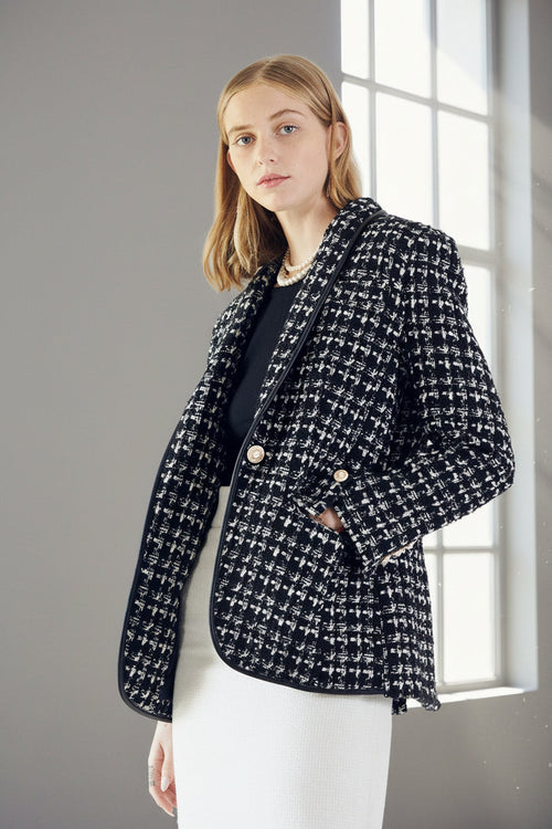 Black & White Tweed Checkers Blazer – Women’s Chic Tailored Jacket