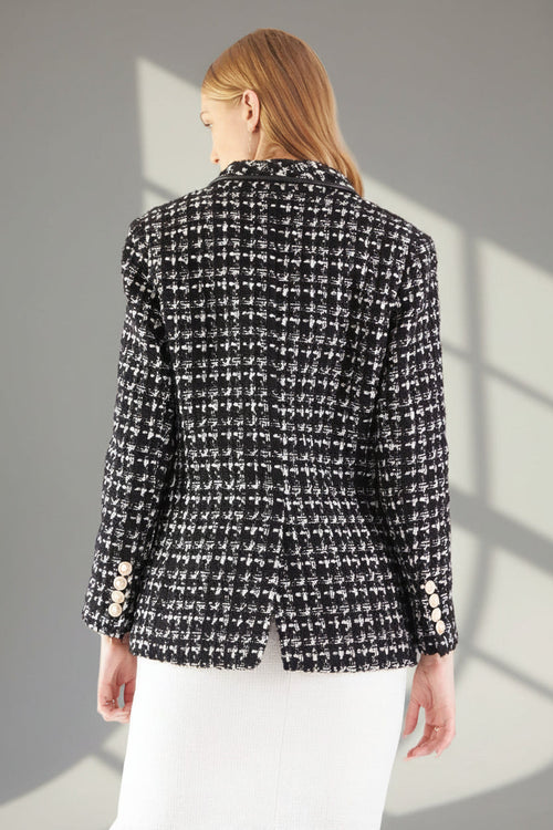 Black & White Tweed Checkers Blazer – Women’s Chic Tailored Jacket