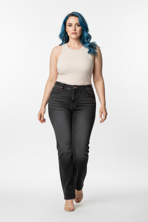Women's Black High Rise Plus-size Slim Ankle Denim Jeans With Button Fly