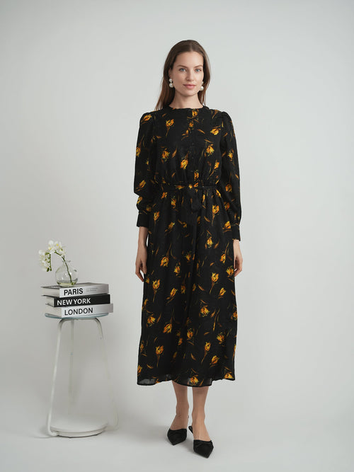 Printed Satin A line Dress