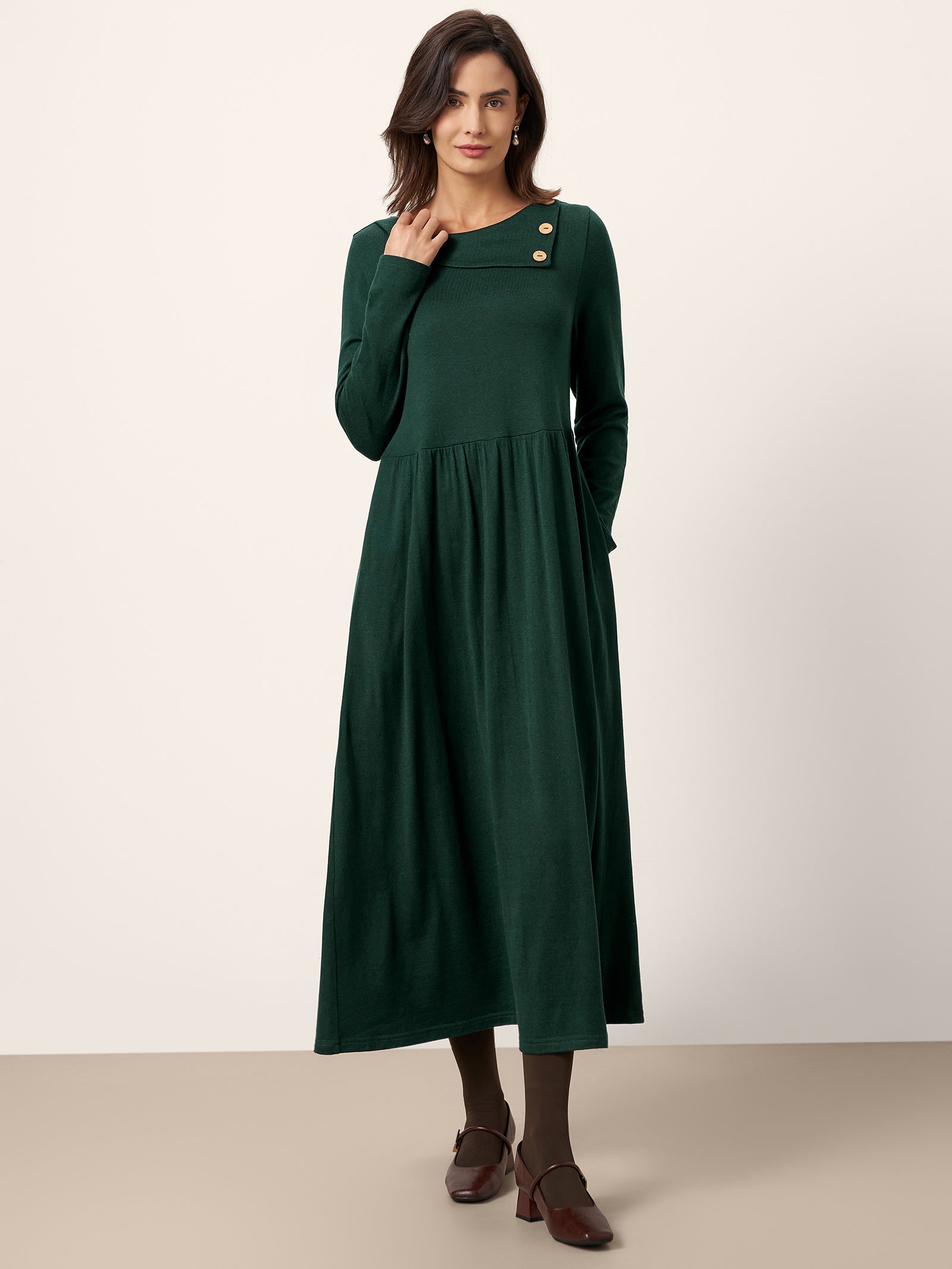 Wool Layered Neck Pleated Midi Dress BILLIE