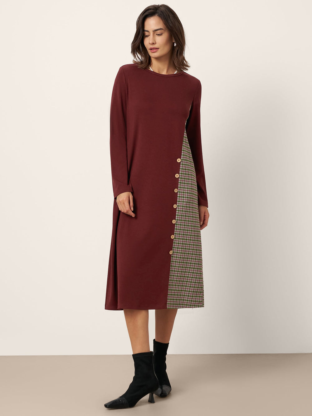 LINTICO Women's Wool Plaid Panel Midi Dress ALIA