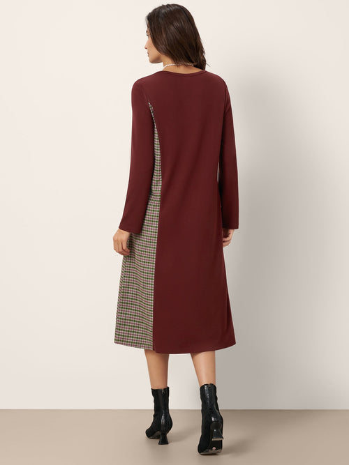 Wool Plaid Panel Midi Dress ALIA