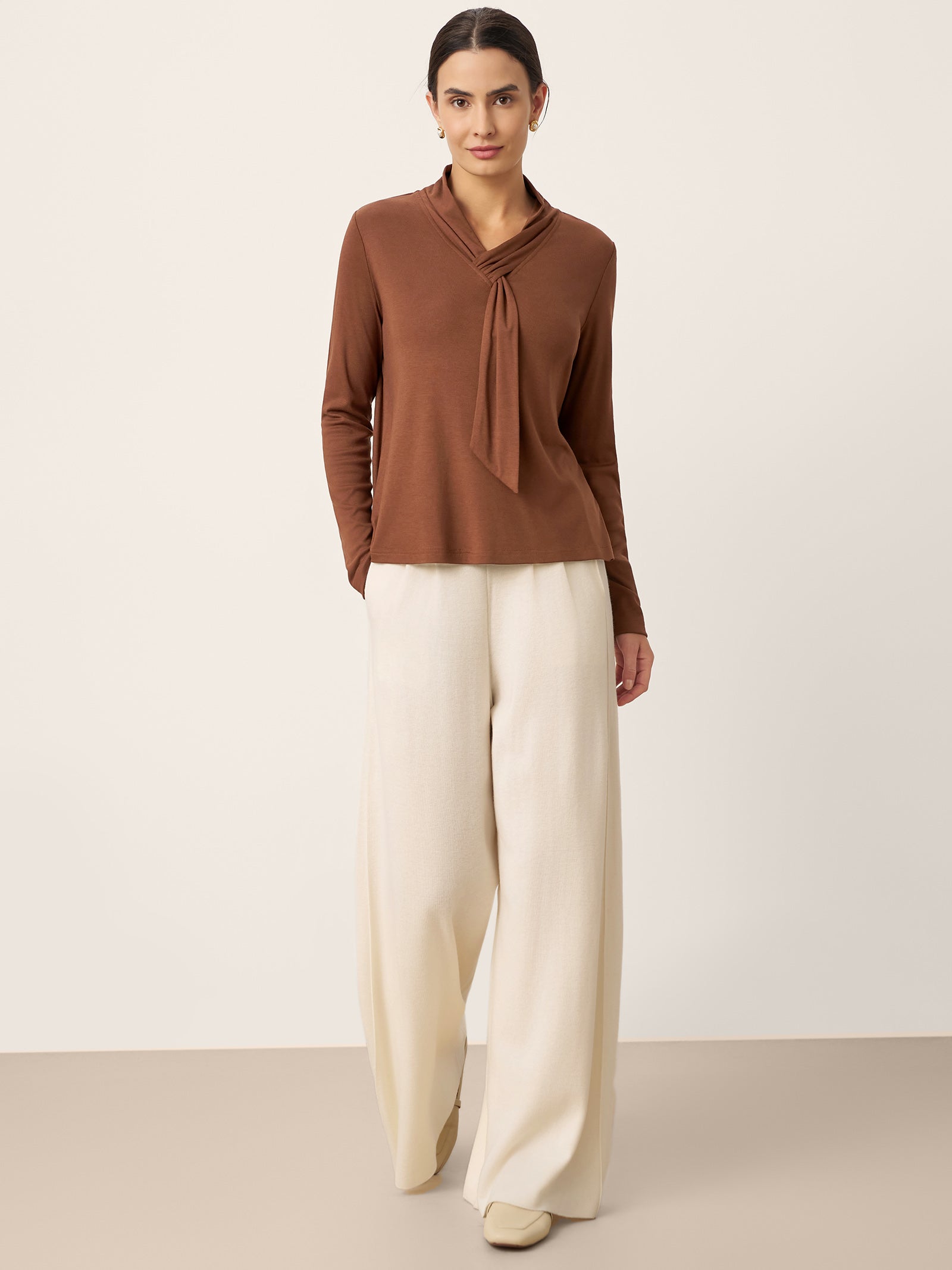 LINTICO Women's Mocha Autumn Wool Scarf Collar Long Sleeve Top ALESSIA