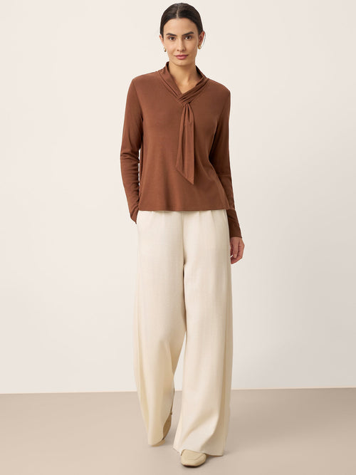 LINTICO Women's Mocha Autumn Wool Scarf Collar Long Sleeve Top ALESSIA