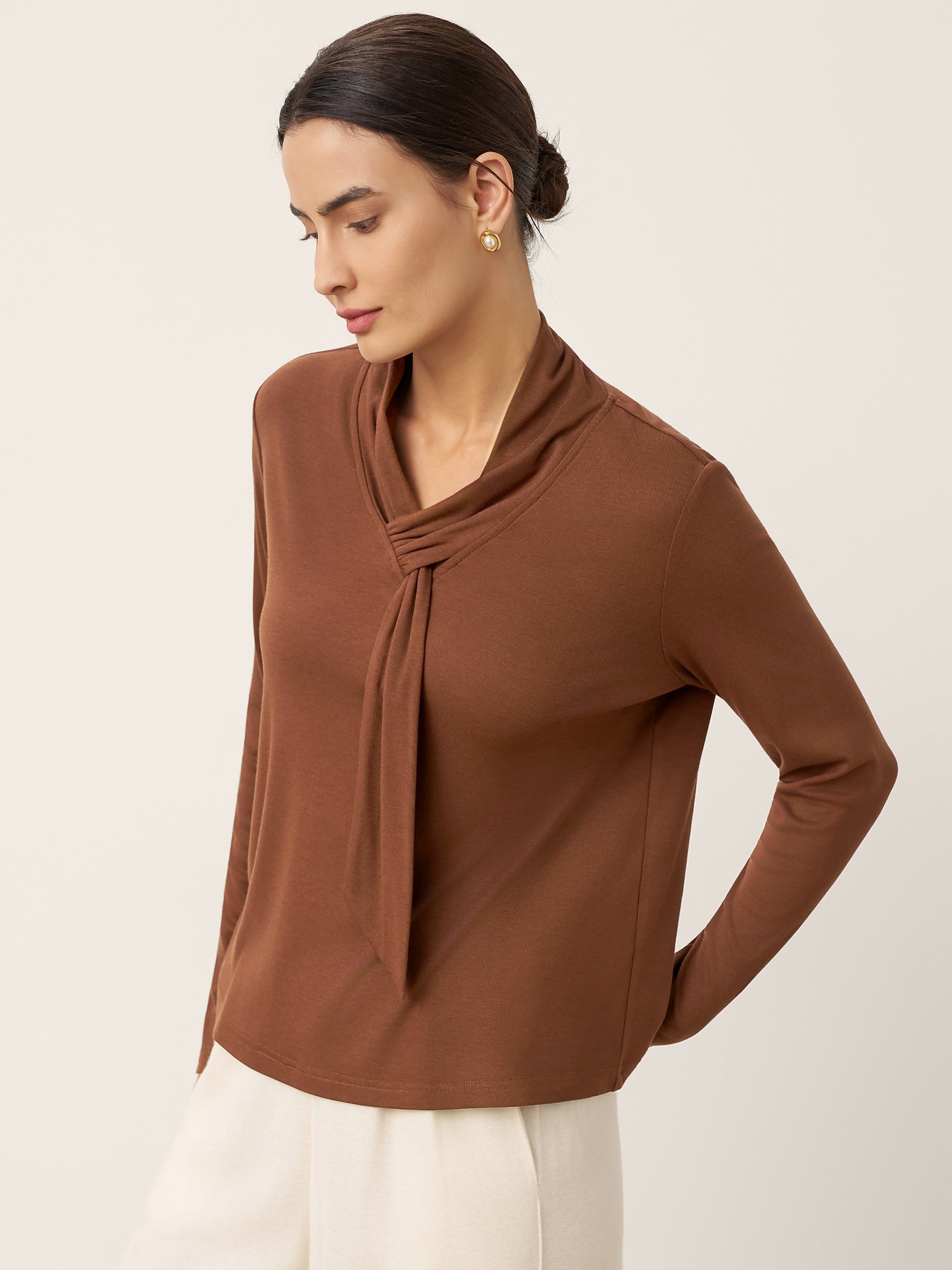 LINTICO Women's Mocha Autumn Wool Scarf Collar Long Sleeve Top ALESSIA