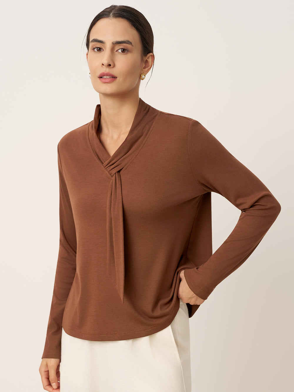 LINTICO Women's Mocha Autumn Wool Scarf Collar Long Sleeve Top ALESSIA