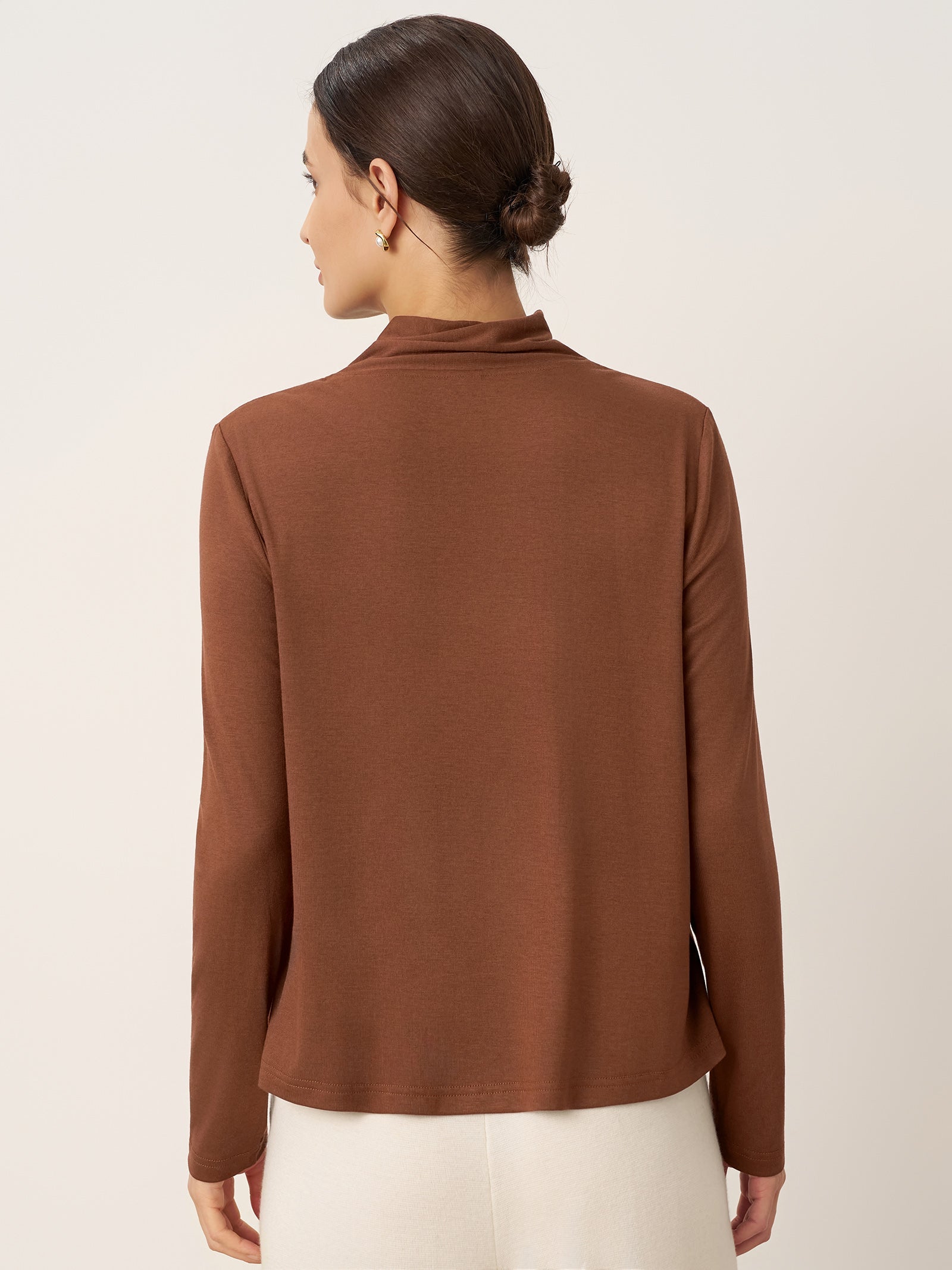 LINTICO Women's Mocha Autumn Wool Scarf Collar Long Sleeve Top ALESSIA
