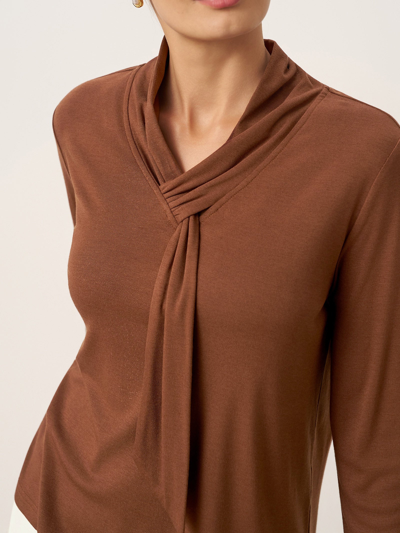 LINTICO Women's Mocha Autumn Wool Scarf Collar Long Sleeve Top ALESSIA