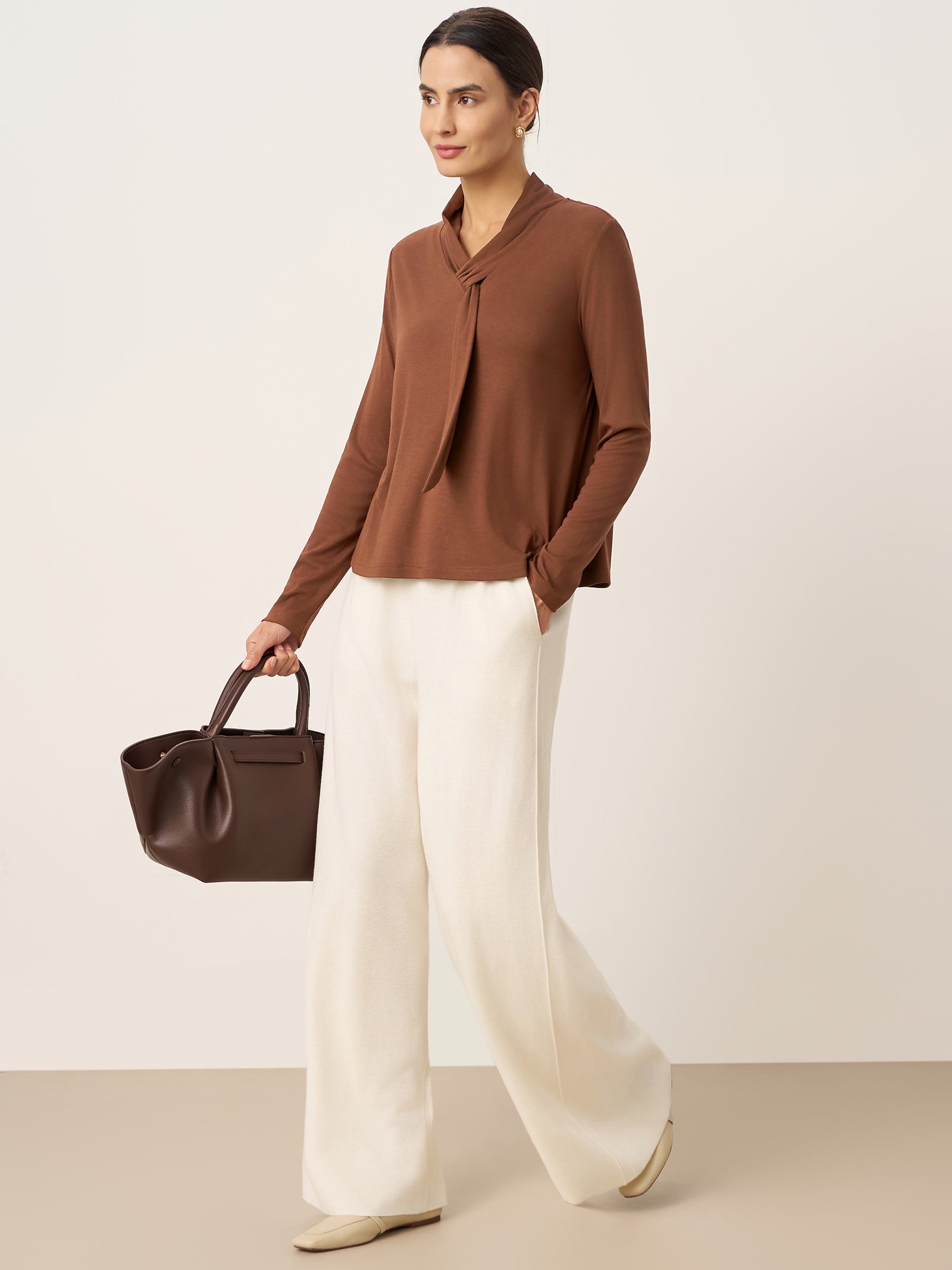 LINTICO Women's Mocha Autumn Wool Scarf Collar Long Sleeve Top ALESSIA
