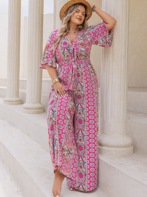 H.R.Z. Plus Size Printed Half Sleeve Wide Leg Jumpsuit