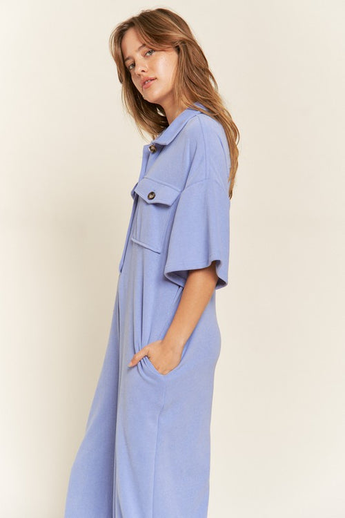 Jade by Jane Women's Basic Collar Shirt Wide Leg Jumpsuit