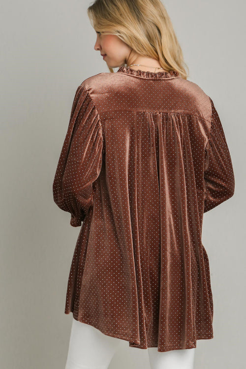 UMGEE Women's Brown Full Size Beaded Velvet Babydoll Blouse with Frill Flounce Sleeve