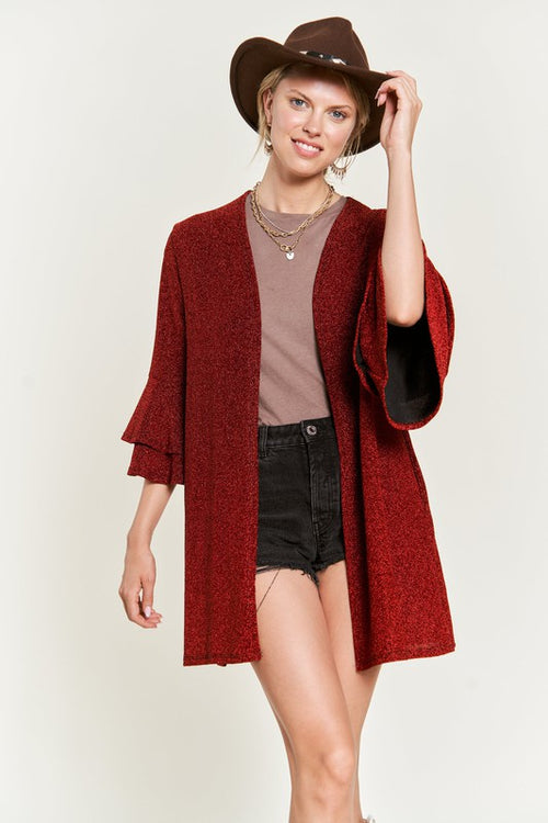 JADE by JANE Women's Red Kimono Glitter Cardigan with Bell Sleeve