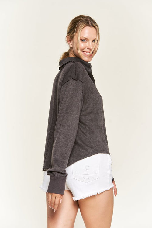 JADE by JANE Deep V-neck Collared Long sleeve Knit Top