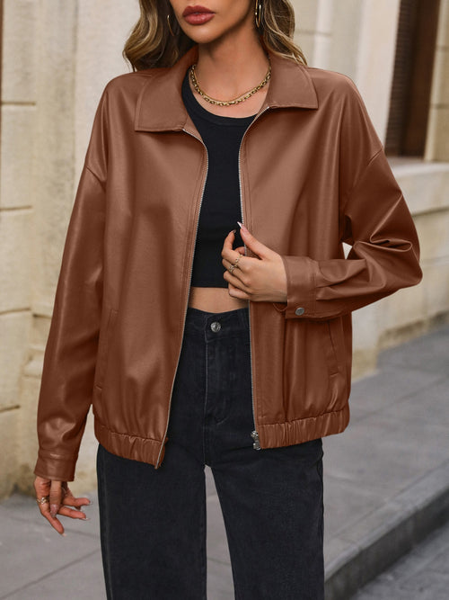 Pocketed Zip Up Collared Neck Jacket