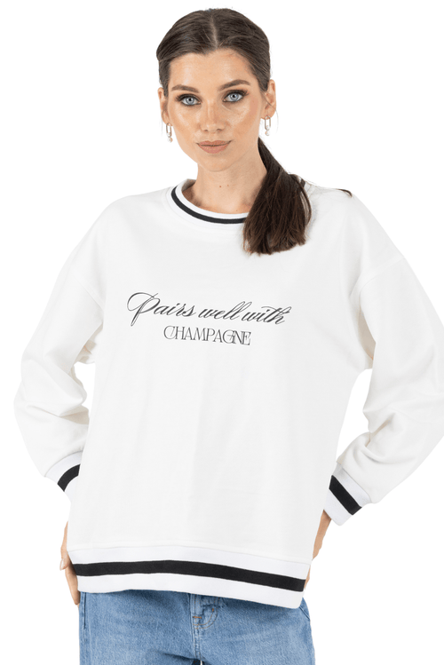 Bella Printed Round Neck Pullover Sweatshirt White