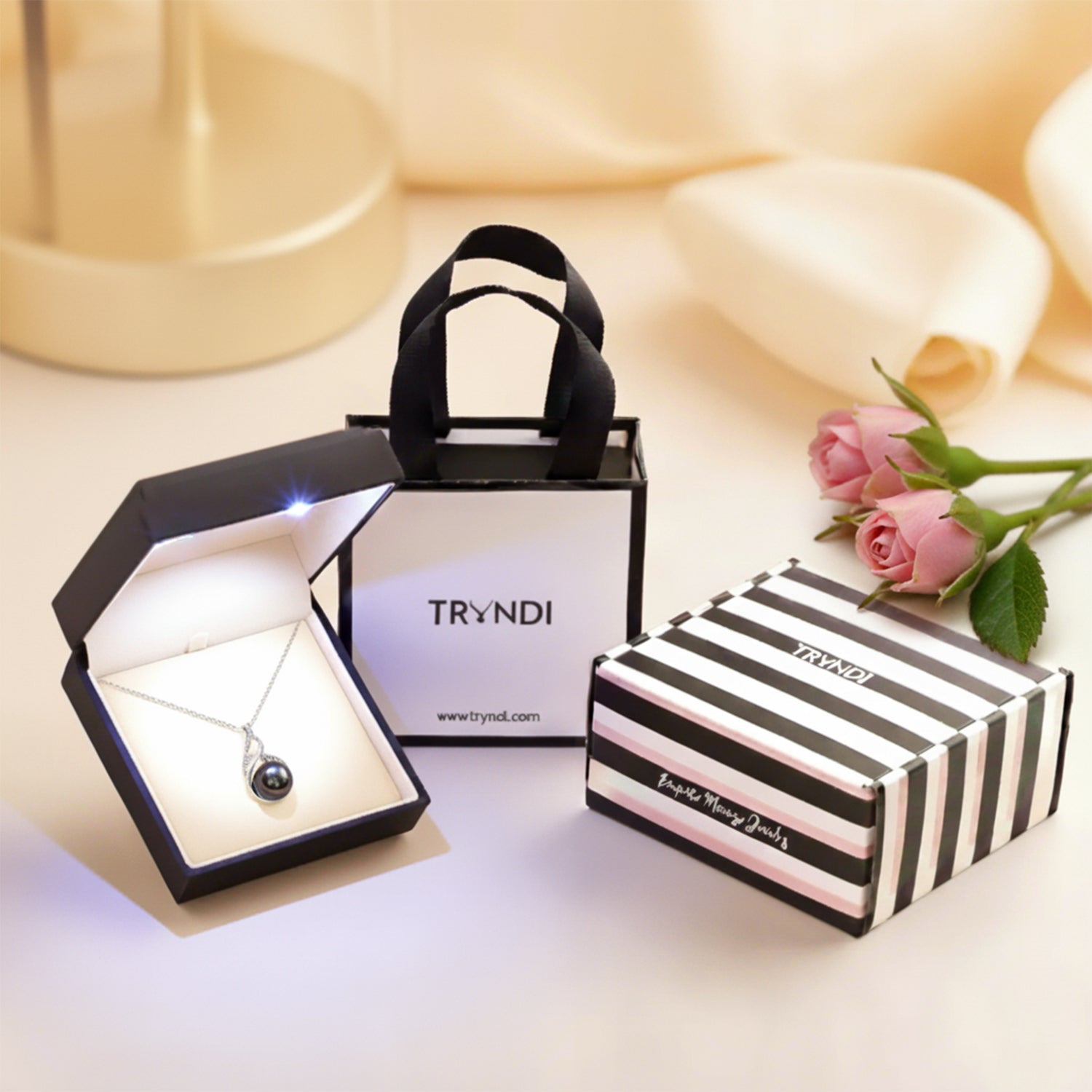TRYNDI Real Tahitian Black Pearl Knot Necklace
