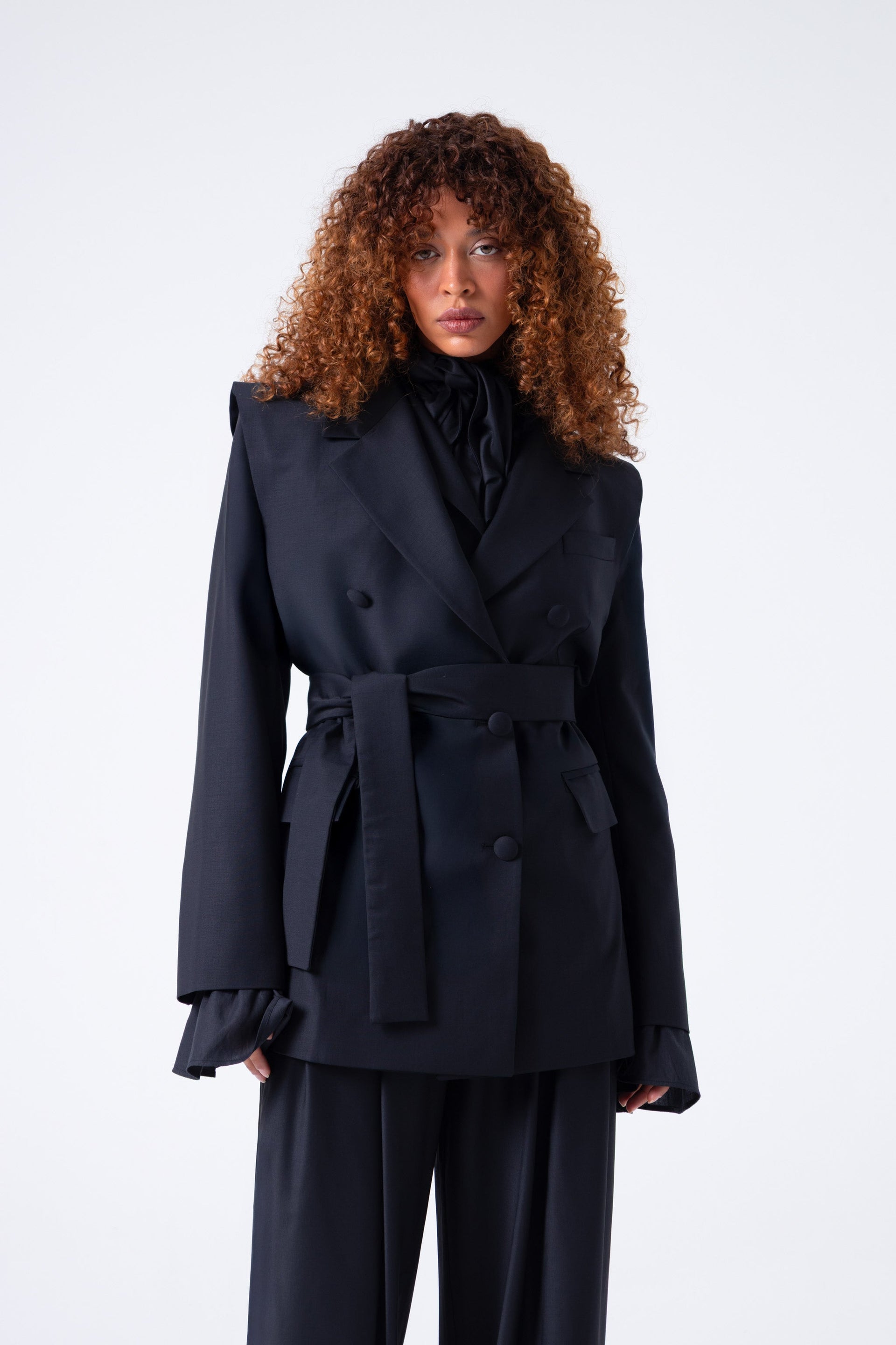 Deep Black Double-Breasted Virgin Wool Blazer | Liza Blazer