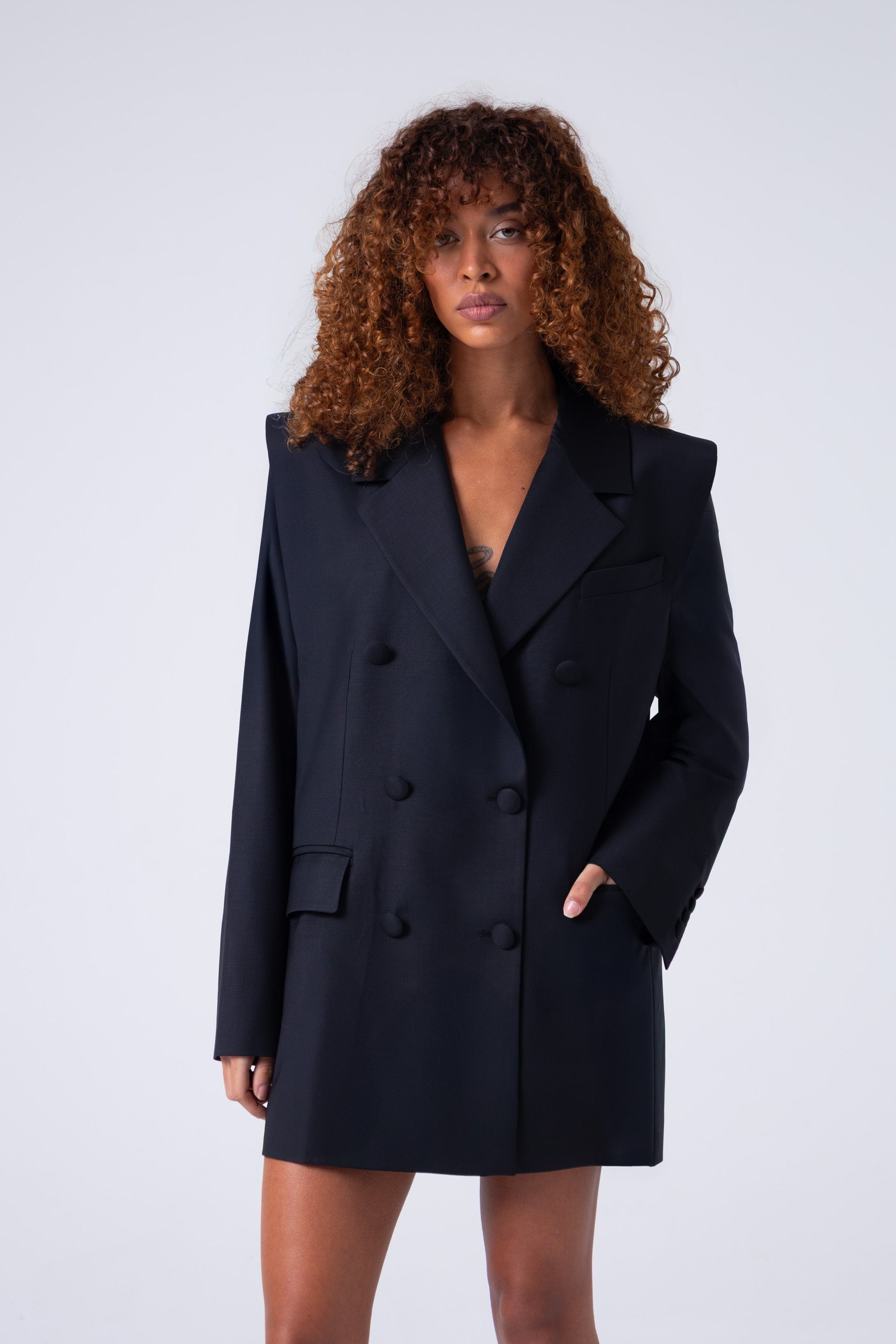 Deep Black Double-Breasted Virgin Wool Blazer | Liza Blazer