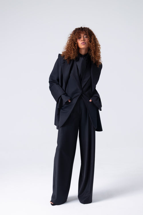 Deep Black Double-Breasted Virgin Wool Blazer | Liza Blazer