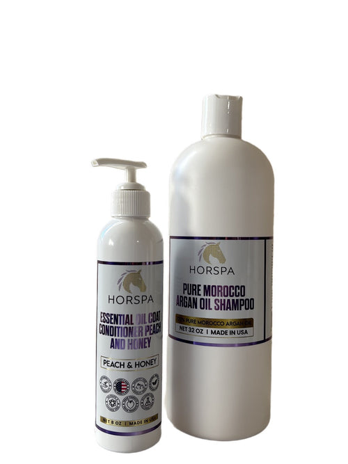 Combo Pure Morocco Argan Oil Shampoo 32oz plus Essential Oil Coat Conditioner Peach and Honey 16oz with Sponge applicator