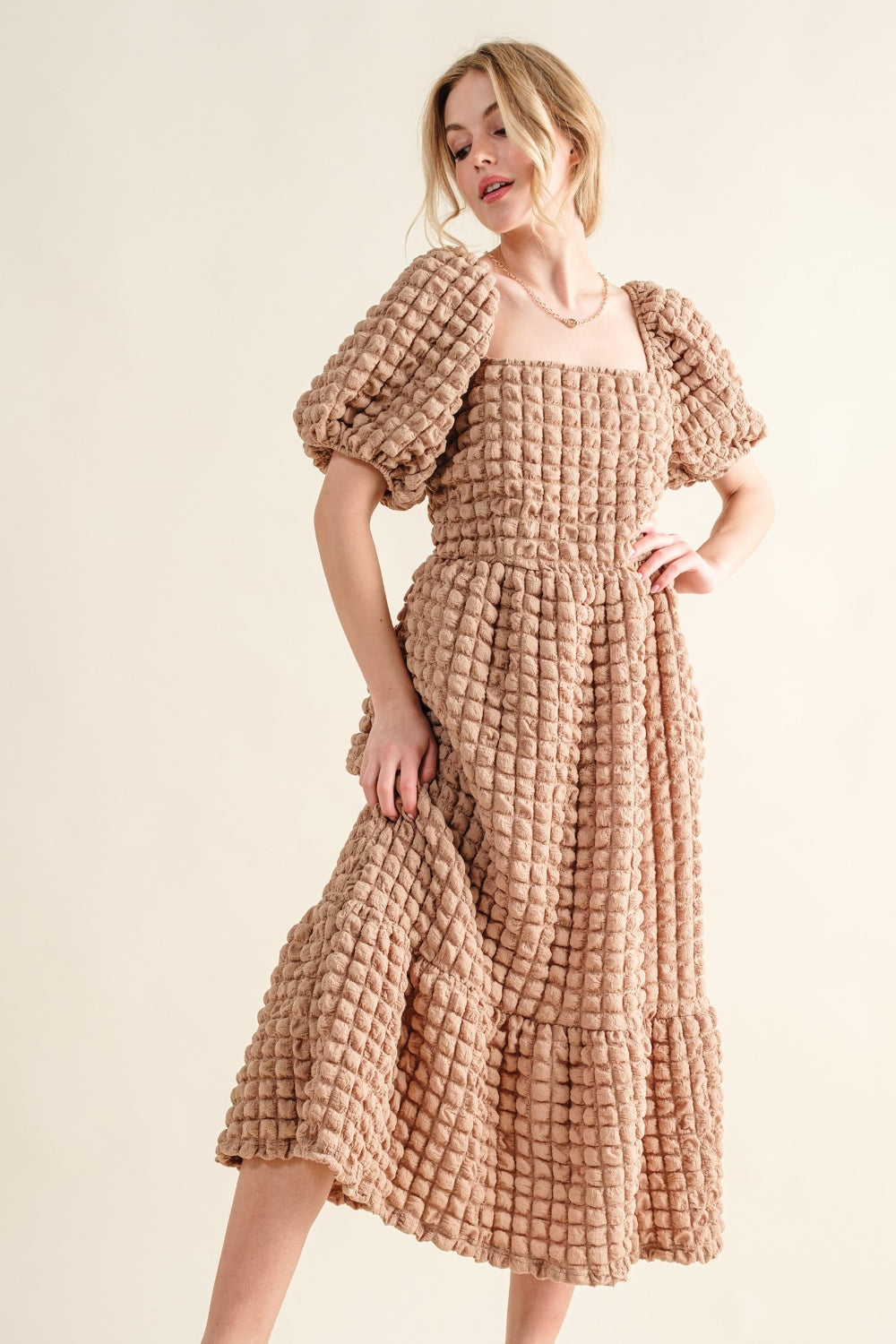 And The Why Women's Full Size Latte Square Neck Puff Sleeve Dress