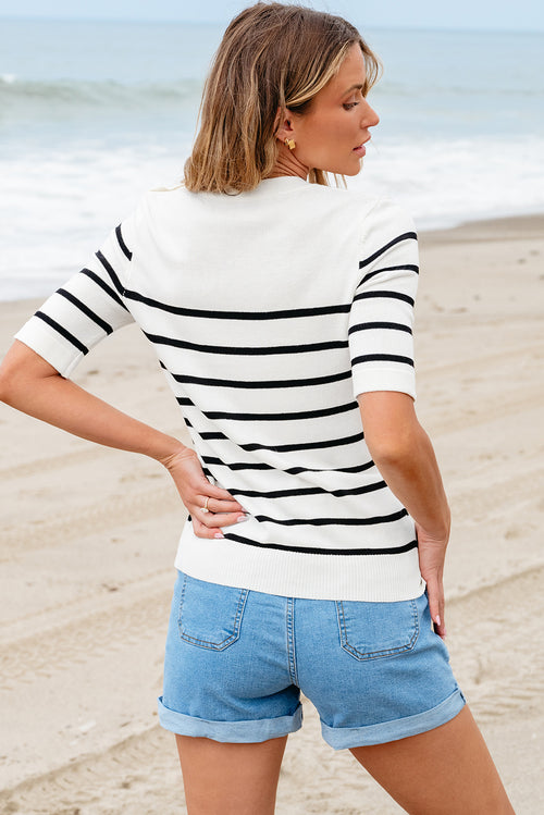 Striped Round Neck Half Sleeve Knit Top
