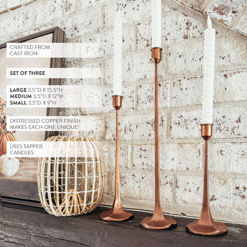 Copper Finish Cast Iron Taper Candle Holders, Set of Three