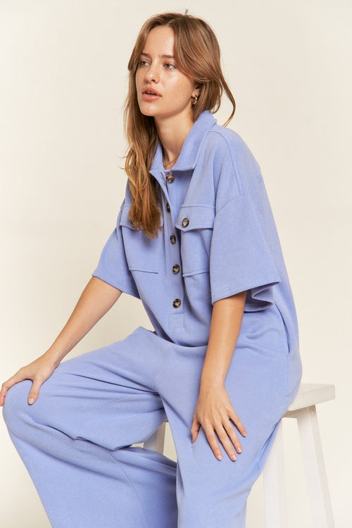 Jade by Jane Women's Basic Collar Shirt Wide Leg Jumpsuit