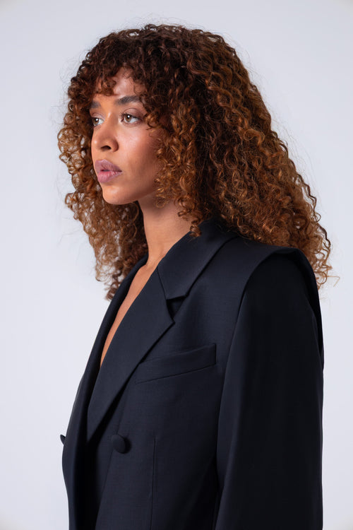 Deep Black Double-Breasted Virgin Wool Blazer | Liza Blazer
