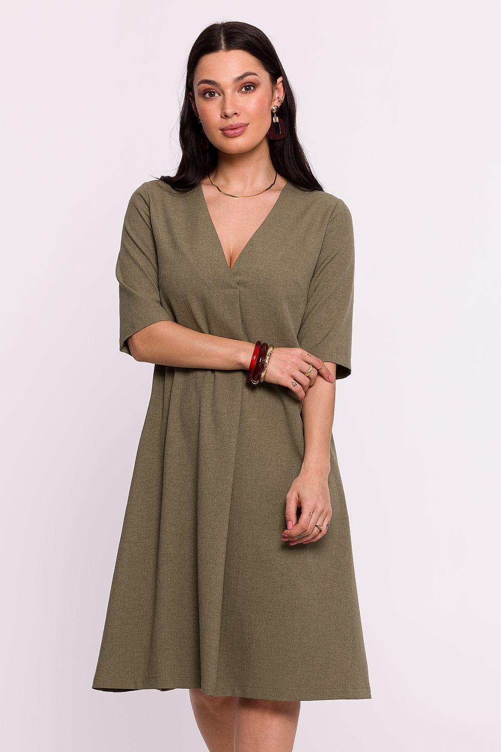 BeWear Women's Summer/Fall Midi Solid V-neck Wedding Guest Dress